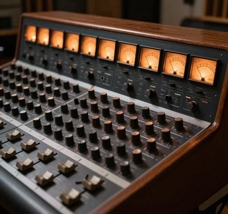 A detailed shot of a vintage analog recording console in a dim studio. Warm orange lights from the VU meters glow against the dark metal and wood paneling, suggesting a space of musical creation and history.