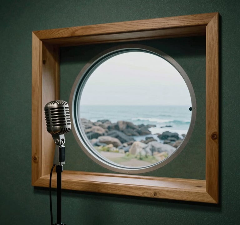 A quiet recording booth with a vintage microphone and a porthole window looking out at a rocky shore, muted sea green and wood tones, North American coastal style.