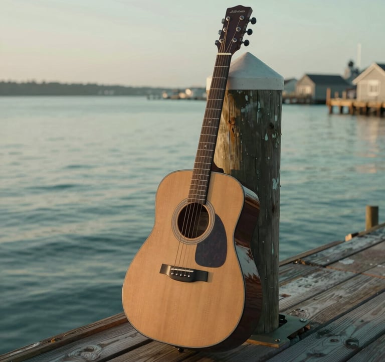 A refined, authentic photograph of a vintage acoustic guitar leaning against a salt-worn wooden dock in a North American / Coastal harbor. The muted sea green of the water provides a serene backdrop under the soft, diffused light of a coastal morning.