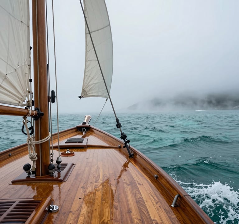 A cinematic shot of a classic wooden sailboat's bow cutting through misty teal sea water under an overcast sky, North American coastal region.