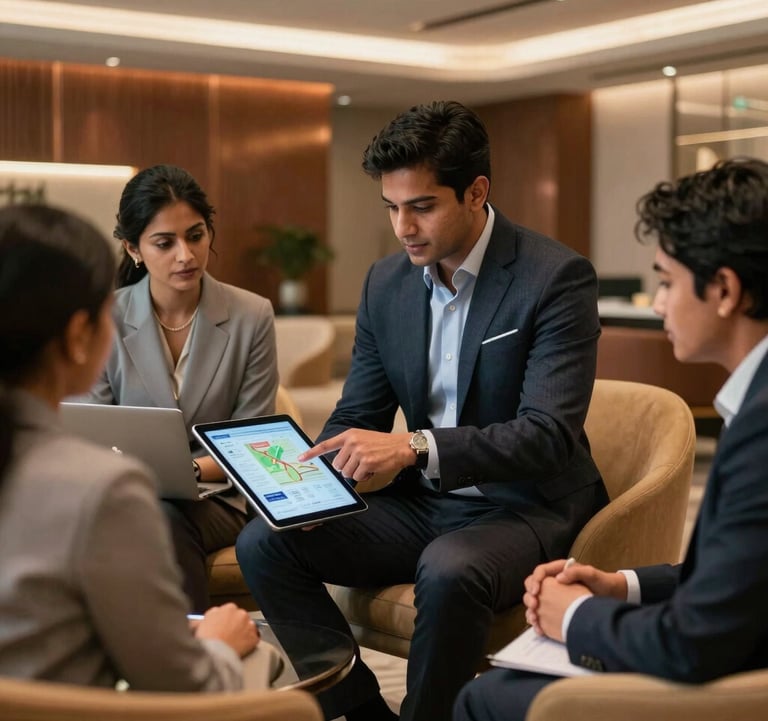 Medium-shot professional photograph of a corporate team collaborating in a sleek South Asian executive lounge. One executive, wearing a deep slate blazer, is pointing to travel plans on a modern tablet screen. High-end interior design with warm corporate bronze accents, soft warm sand furniture, and professional, reliable, and sophisticated lighting.