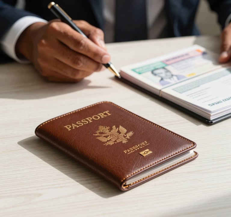 Close-up professional photograph of an elegant leather folder on an off-white wooden desk, displaying official corporate passport books and neatly organized visa documents. Warm bronze sunlight streams across the scene. In the background, a South Asian professional in corporate attire is partially visible, holding an elegant pen. Trustworthy, sophisticated, and meticulous composition.