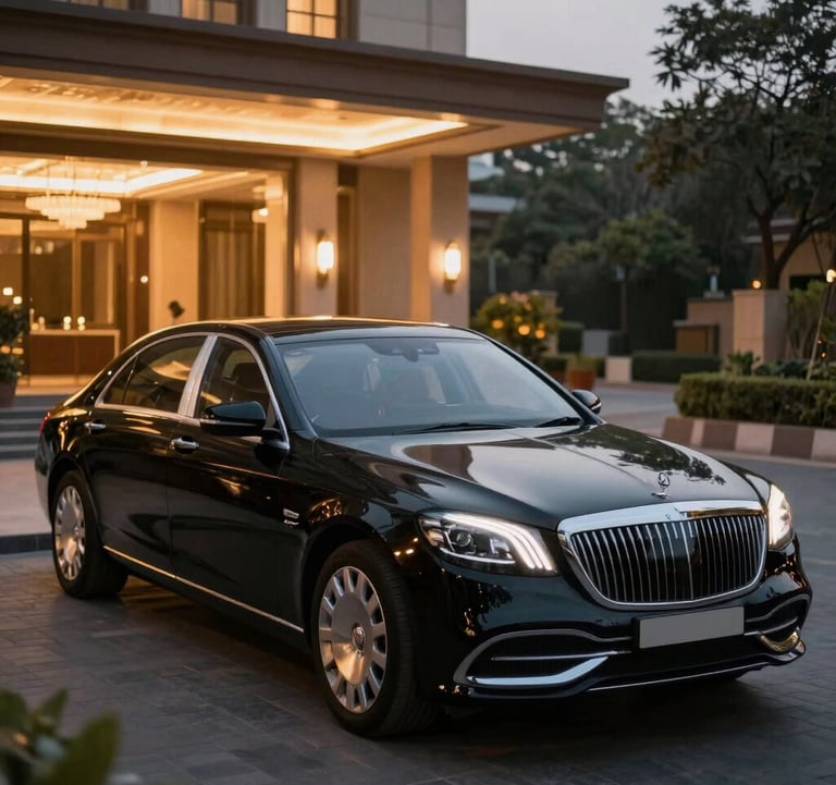 A premium black corporate sedan waiting outside a luxury hotel in India at twilight, with warm lights from the lobby reflecting on the car's polished surface, expressing executive chauffeur services.