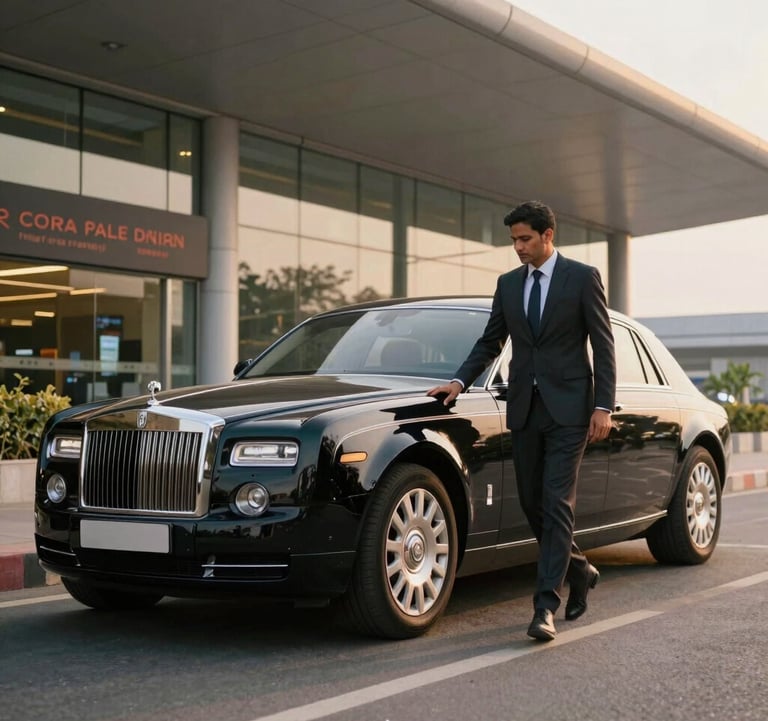 An elegant chauffeur-driven luxury sedan parked outside a modern premium airport terminal in India. A corporate traveler in a sharp business suit is entering the car. Evening golden hour lighting, clean composition, sophisticated corporate travel vibe.