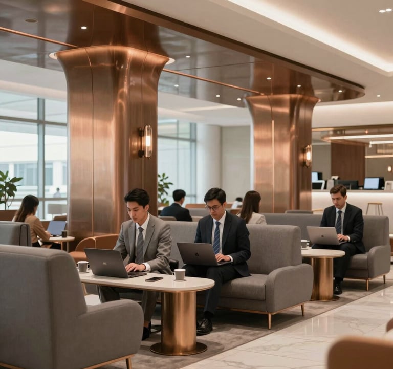 A modern, premium airport executive lounge in a major Indian city. High-end minimalist interior design with elegant bronze accents, comfortable seating, and corporate professionals working on laptops. Muted slate gray and warm cream tones. Professional photography.