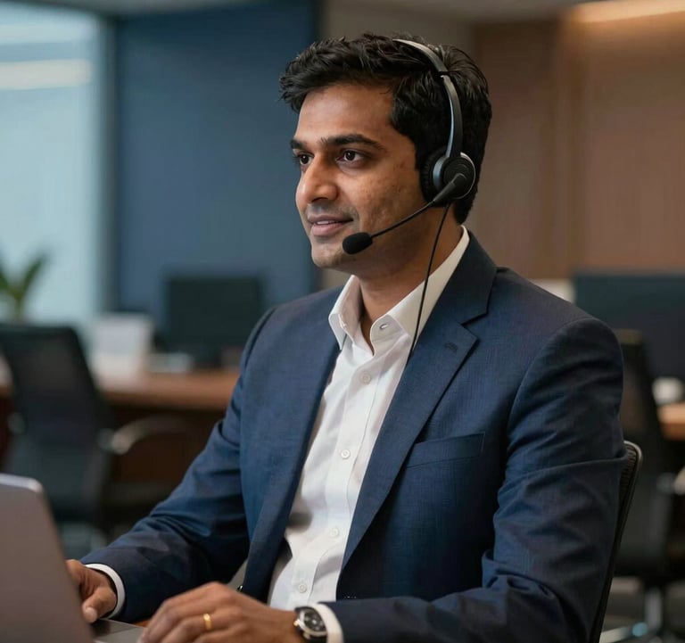 A professional South Asian / Indian travel consultant wearing a modern corporate suit, speaking politely on a headset in a sophisticated, sleek corporate operations room. Soft warm lighting with deep blue and bronze undertones. High-end editorial photography.