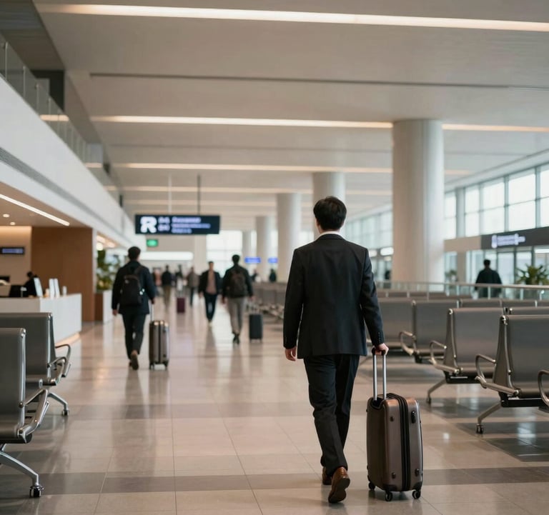 An upscale modern airport terminal interior with passenger walkways, premium corporate traveler walking with high-end luggage, warm interior light, clean architectural lines, sophisticated corporate travel theme, realistic photography.