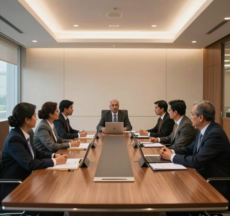 A sophisticated corporate conference room in an Indian business center with executive seating, sleek wooden tables, and warm soft ambient lighting, clean and professional, editorial photography.