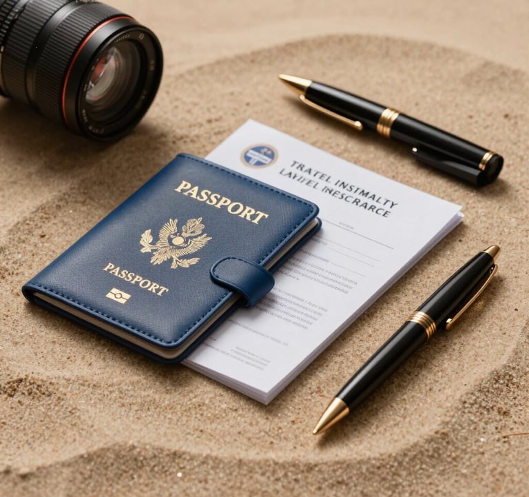 Professional studio photograph of high-end corporate travel essentials. A sleek blue leather passport holder, official travel insurance policy documents, and an elegant pen rest on a soft warm sand surface. Warm corporate bronze lighting highlights the premium textures, projecting elite reliability and meticulous attention to corporate logistics.