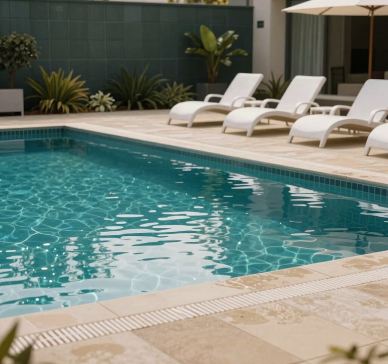 A high-end leisure area featuring a sparkling swimming pool with sandy taupe tiles. The water reflects the dark slate green of the surrounding security wall and premium landscaping. Soft, pearlescent white lounge chairs are placed neatly by the side.