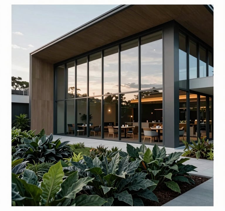 Exterior shot of a modern leisure area clubhouse. The building features large glass windows reflecting a pearlescent white sky, with architectural accents in sandy taupe. The surrounding garden is lush with dark slate green foliage.
