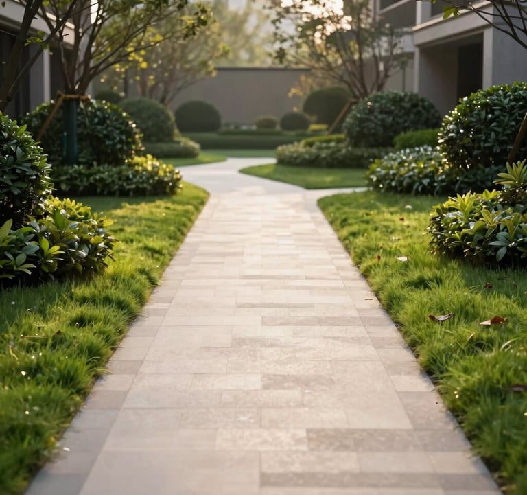 A serene lifestyle photograph of a paved walking path within a high-end residential development. The path is a soft cream color, bordered by vibrant soft leaf green grass and manicured dark slate green hedges. Morning sunlight creates a tranquil atmosphere.