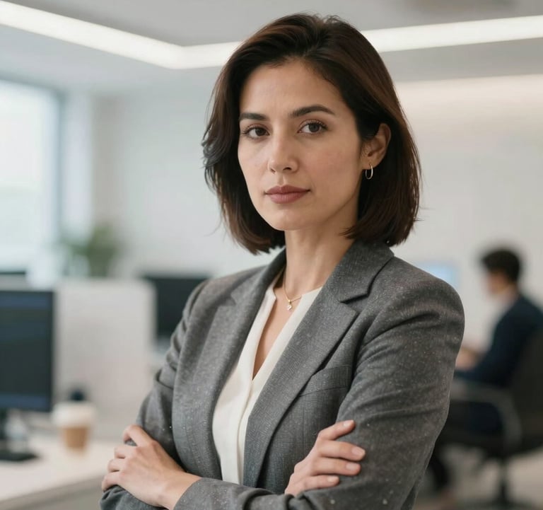 A portrait of a confident professional woman in a contemporary tech environment. Shallow depth of field with soft pearl white lighting and a sophisticated, innovative atmosphere. North American / Global Professional style.