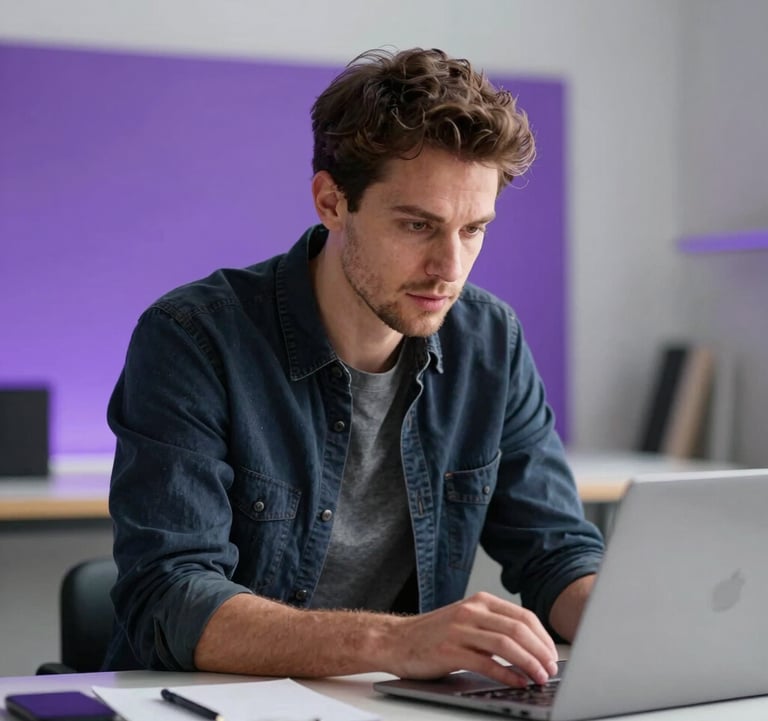 A professional man with a focused expression working in a minimalist creative studio. Soft lighting with vibrant purple accents in the background, North American / Global Professional attire, high-quality photography, clean and results-driven mood.