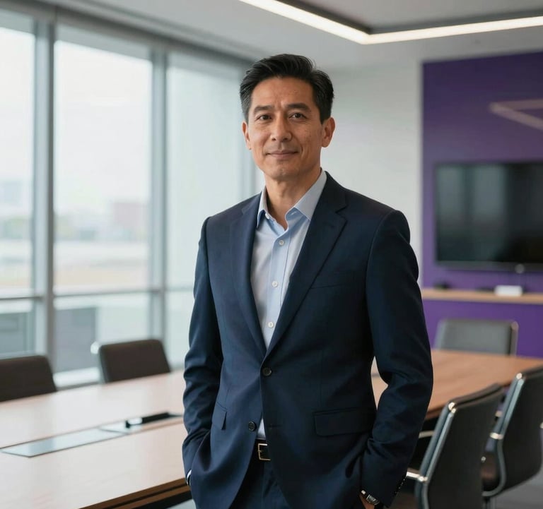 A confident North American / Global Professional stands in a bright, modern glass-walled conference room. The lighting is crisp and natural, with deep navy and purple accents in the interior design.