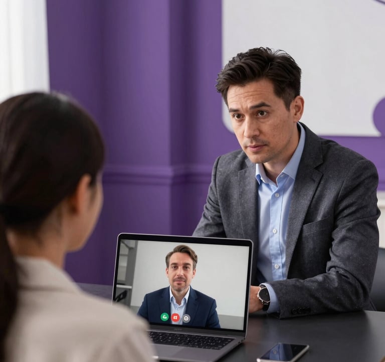 An over-the-shoulder shot of a professional mentor providing feedback to a student via a video call on a laptop. Clean, bright room with deep royal purple architectural details. Sophisticated and high-tech feel.