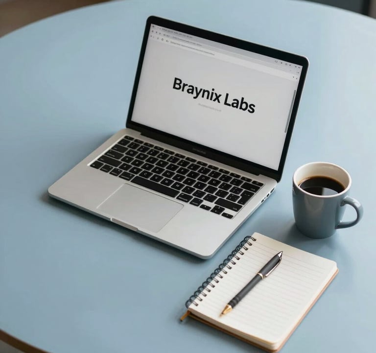 A high-angle shot of a minimalist workspace with a laptop, a notebook, and a coffee cup on a light blue surface, representing the focus and clarity of a Braynix Labs student.