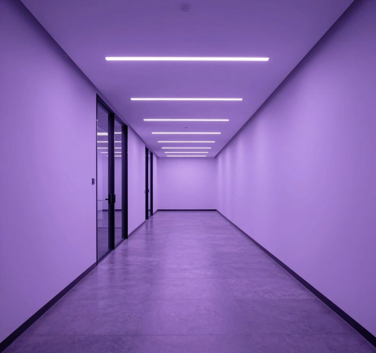 A minimalist, wide shot of a futuristic office hallway with soft purple LED lighting, representing a clear career path and professional journey for a North American / Global Professional.