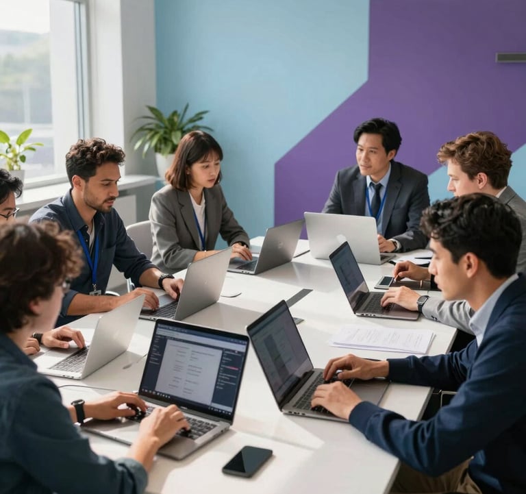 A group of North American / Global Professionals in a modern, sunlit collaborative workspace. They are engaged in an active learning session with high-tech tools, surrounded by light blue and purple decor.