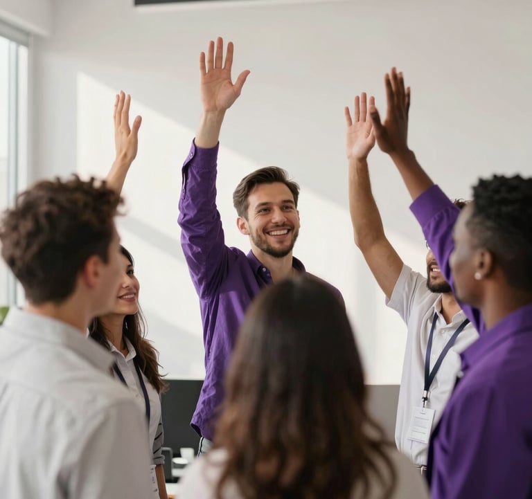 Close-up of a diverse team of professionals celebrating a project milestone in a high-tech startup office. Morning sunlight, minimalist design, and a palette of vibrant purple and soft off-white. Professional growth concept.