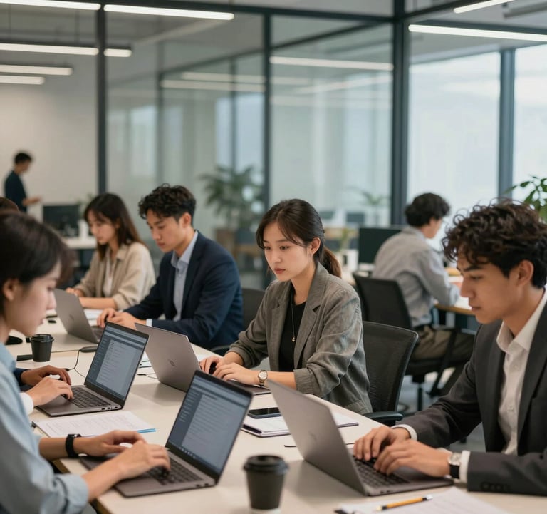 A bright shot of a diverse group of focused professionals in a modern, glass-walled co-working space, collaborating with laptops and high-end tech equipment. North American / Global Professional.