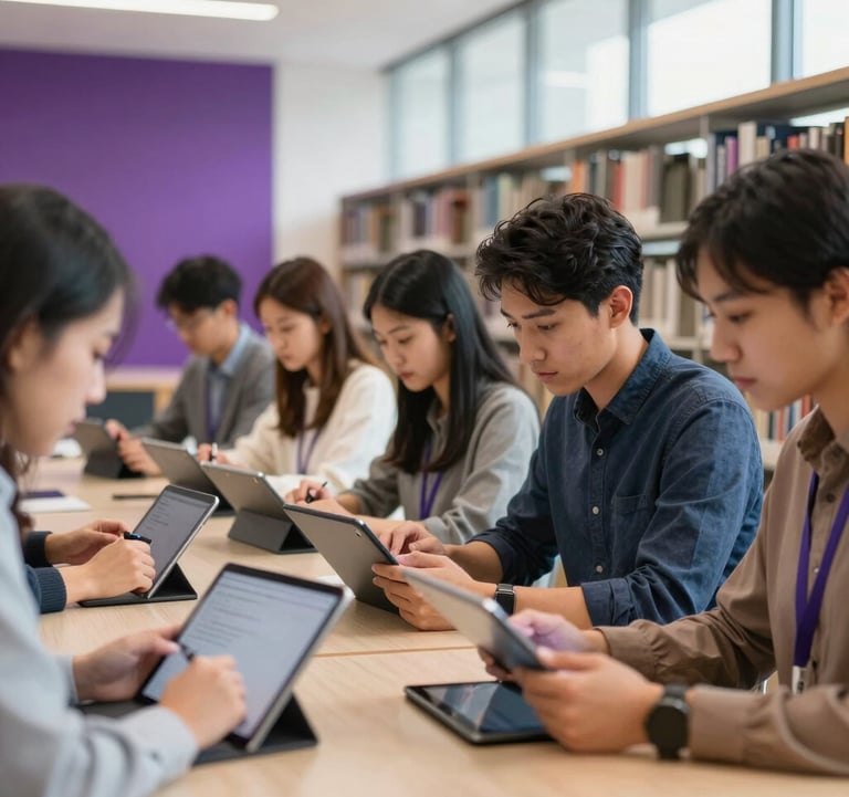 A group of focused North American / Global Professional students in a modern, sun-drenched library space collaborating over digital tablets. Minimalist aesthetic with vibrant purple accents in the lighting. Result-oriented mood.
