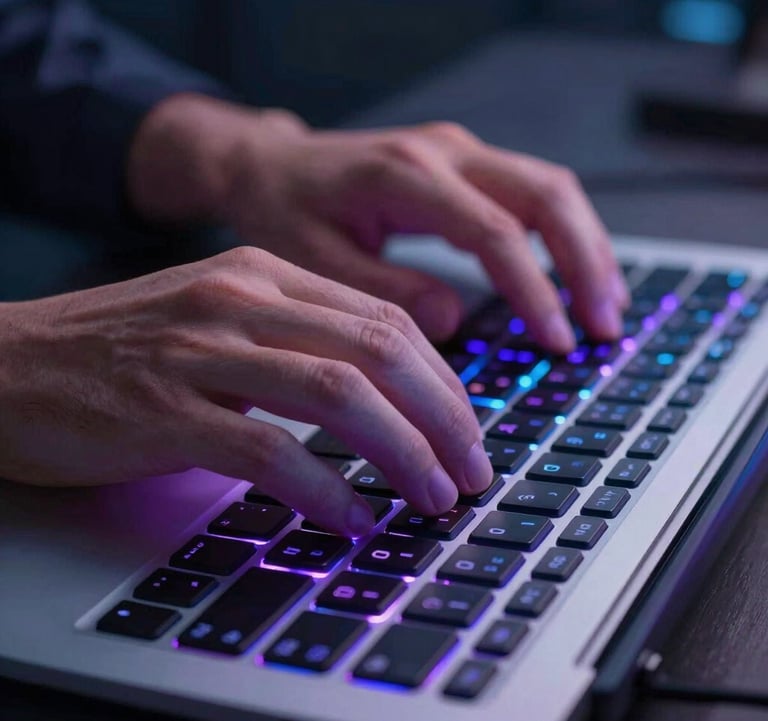 A detailed close-up of a person's hands typing on a high-tech keyboard with vibrant, soft purple and blue light reflecting off the keys in a dimly lit, futuristic office. North American / Global Professional.