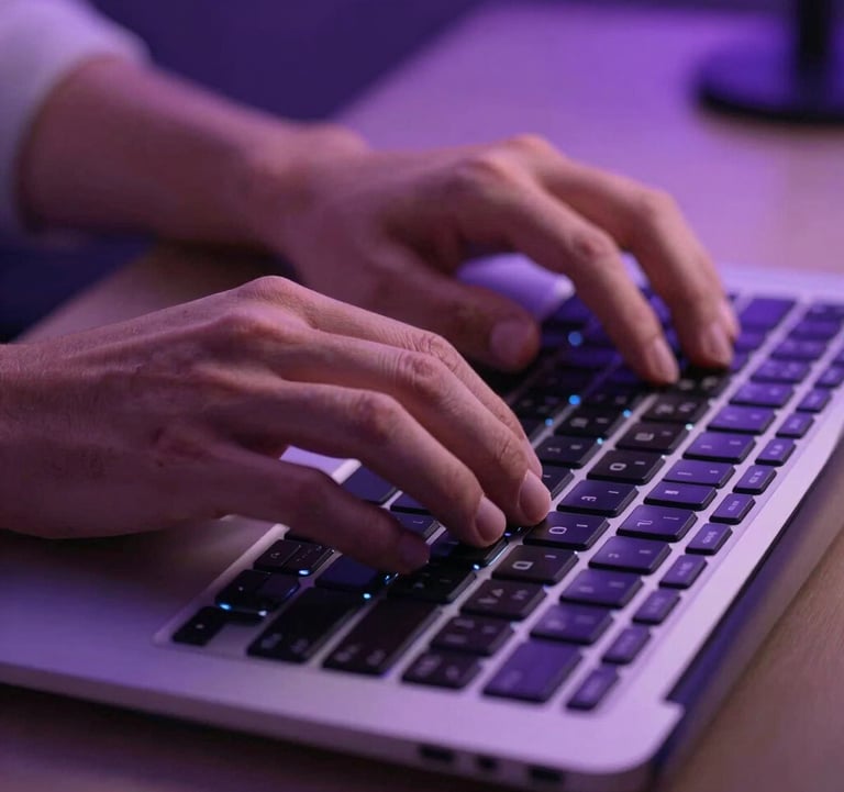 Close-up photography of a professional's hands typing on a high-end backlit keyboard in a North American / Global Professional environment. Soft purple ambient light and a clean aesthetic.