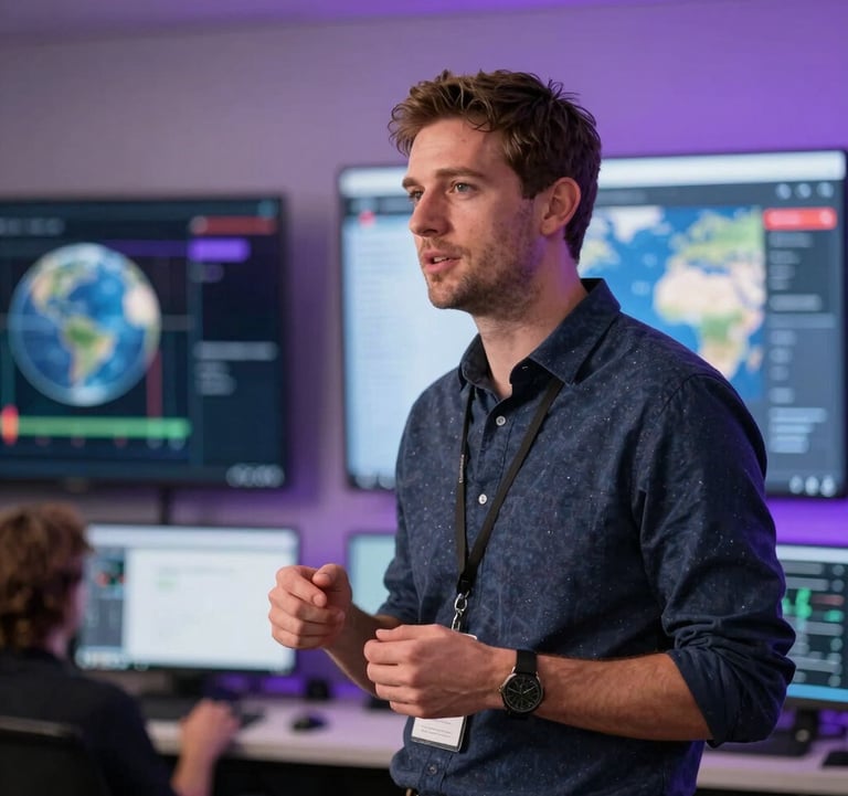 Action shot of a North American / Global Professional presenting in a tech-focused workshop. The background features blurred digital displays and soft purple ambient lighting.