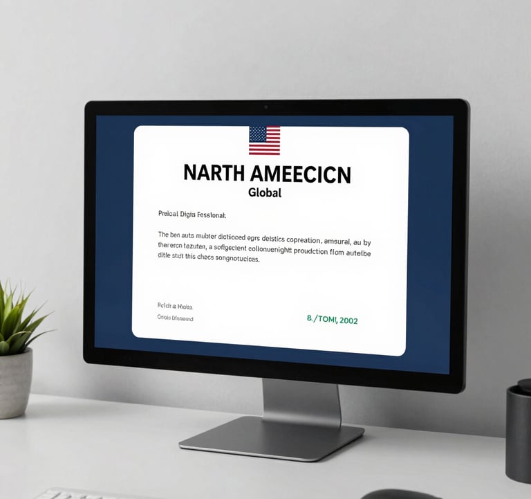 A clean, high-resolution shot of a modern digital certificate displayed on a high-end monitor, surrounded by a minimalist and sophisticated desk setup. North American / Global Professional.