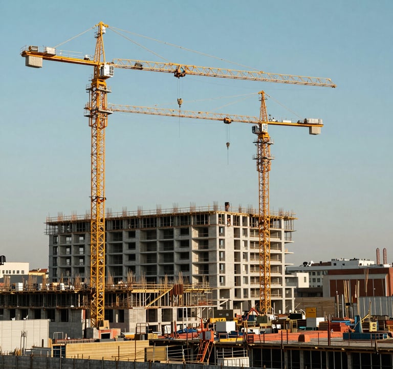 Realistic photography of a construction site in Bucharest during daytime, showing cranes and initial foundation work for a large medical complex, under a clear light blue sky.
