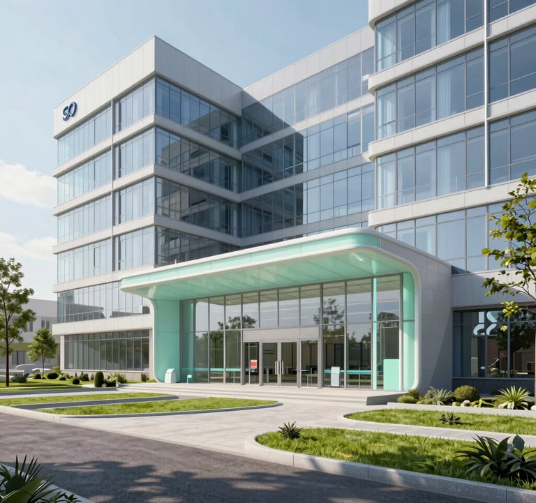 Detailed architectural visualization of the future multidisciplinary emergency hospital entrance in Bucharest, showcasing modern glass design and accessible green spaces, using a palette of soft blue and mint.
