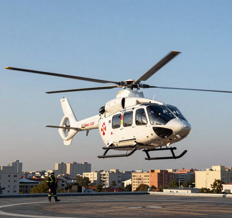 Photography of a medical rescue helicopter landing on a rooftop heliport during a clear morning in Bucharest. The city skyline is visible in the background. The scene conveys urgency, professionalism, and life-saving technology.