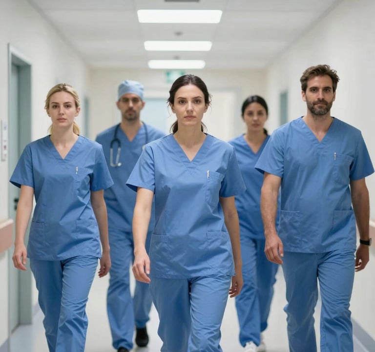 A professional medical team in Romanian scrubs walking with purpose through a brightly lit, modern hospital corridor. The composition is dynamic, showing teamwork and confidence. Style is high-end architectural and portrait photography.