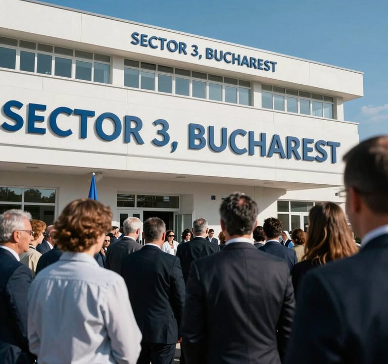 Professional photography of the groundbreaking ceremony for a new hospital in Sector 3, Bucharest, with community leaders and clear blue skies, conveying urgency and responsibility.