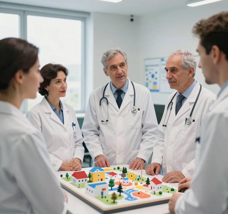 Candid photo of a group of Romanian medical professionals in white coats discussing a hospital model in a bright, modern office, symbols of professionalism and community hope.