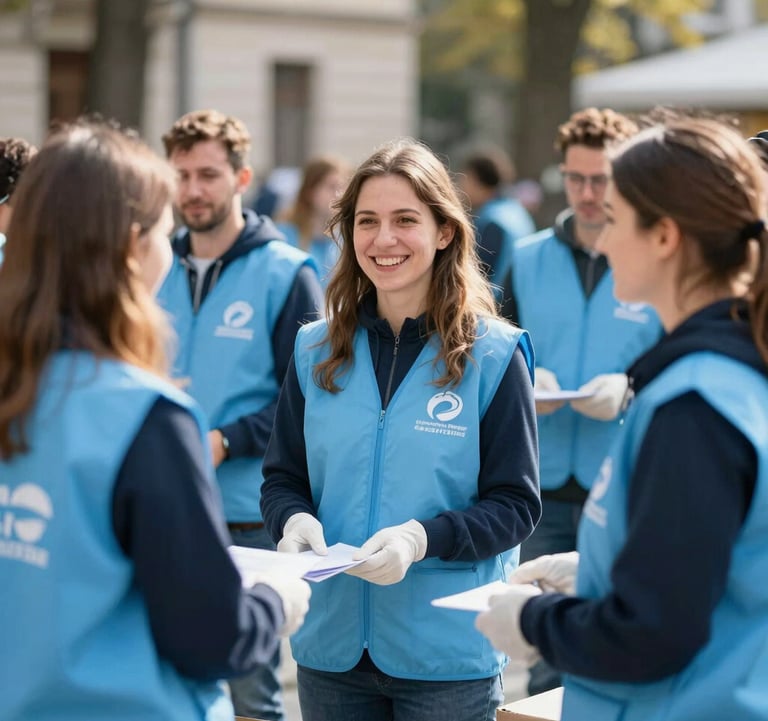 A group of cheerful Central European volunteers in Bucharest wearing light blue vests with the association logo, participating in a community fundraising event, bright and inspiring atmosphere.