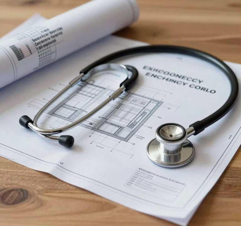Clean, focused shot of a construction blueprint for an emergency room, lying on a wooden table next to a stethoscope, symbolizing the medical mission in a Romanian context.