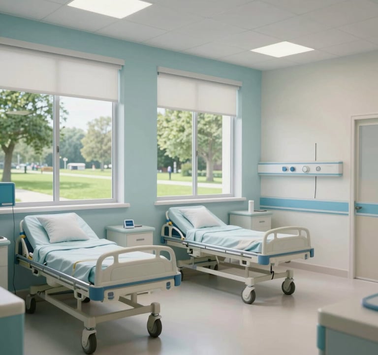 3D architectural rendering of the hospital's patient recovery rooms, featuring large windows with views of a green park, soft light blue and off-white interior design. Central European / Romanian aesthetics.