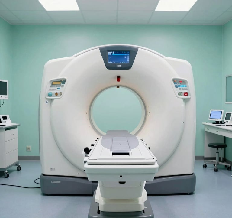 Interior shot of a state-of-the-art diagnostic room with an advanced MRI machine. Professional lighting with mint green and soft blue accents. Central European / Romanian medical facility.