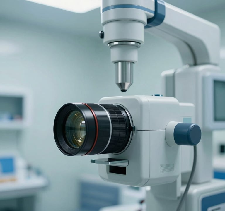 Close-up photography of state-of-the-art medical equipment in a bright, modern emergency room. The lighting is clean and sterile, using a palette of soft blues and greyish blue tones. Central European medical facility context.