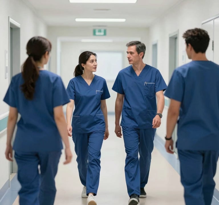 Clean, brightly lit photography of a sterile hospital corridor with professional medical staff in deep blue scrubs walking and discussing. Modern architectural details. Central European / Romanian professional setting.