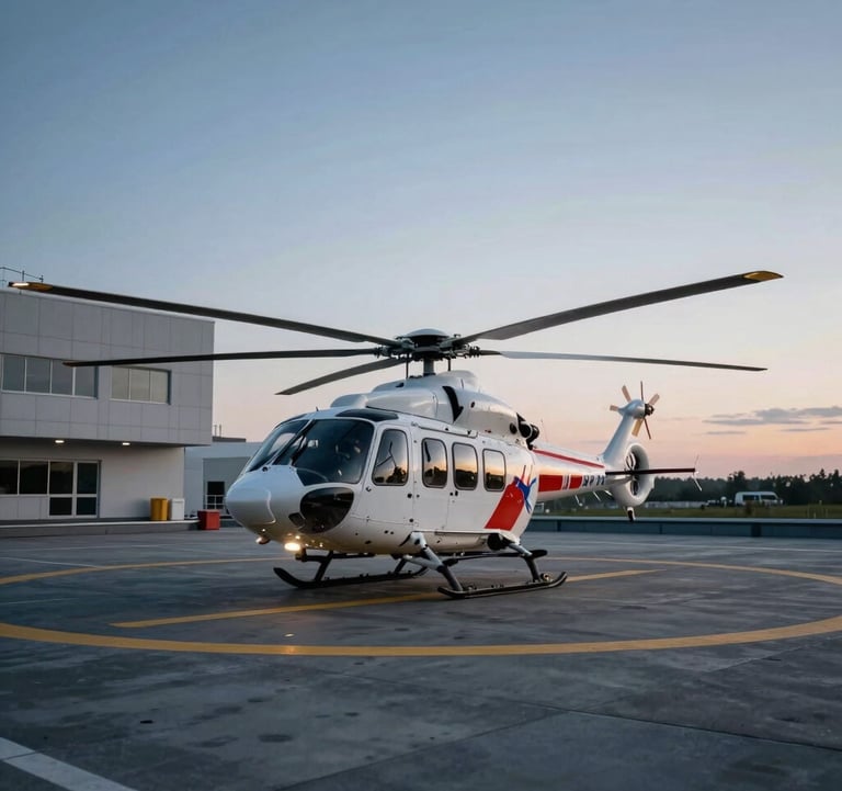 A rescue helicopter parked on a modern hospital rooftop heliport during sunset. Deep blue and soft grey tones. Central European / Romanian emergency services scene.