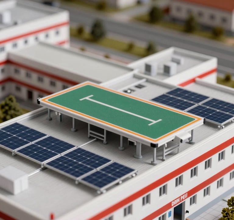 Close-up photography of a scale model of the multidisciplinary emergency hospital, showing the landing pad on the roof and the integrated solar panels. Central European / Romanian architectural office.