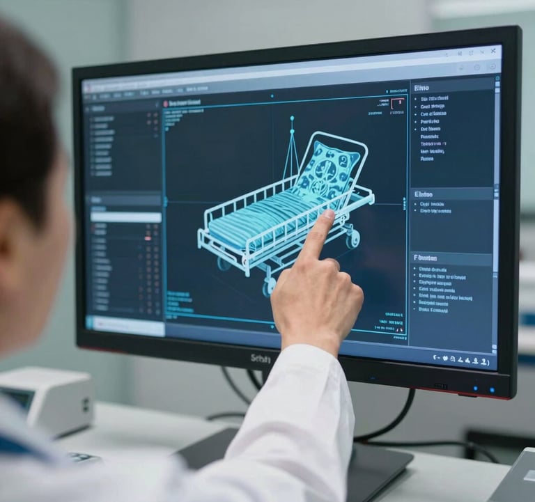 Close-up of a doctor's hand pointing at a digital blueprint of a medical ward on a large monitor in a high-tech conference room. Professional lighting. Central European / Romanian setting.