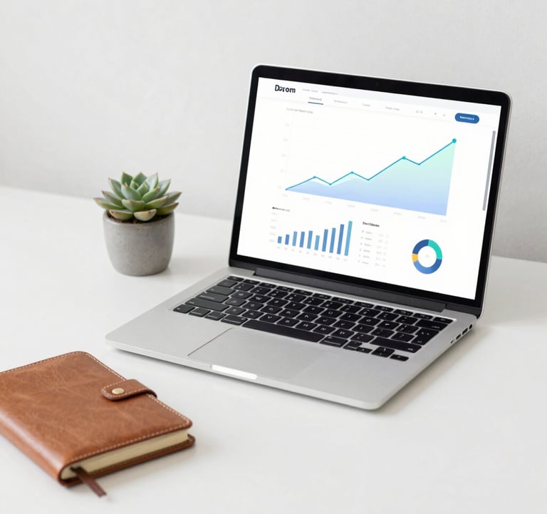 A minimalist, elegant desk setup with a laptop showing a dashboard with growth indicators, a leather notebook, and a small succulent, in a brand-aligned color palette.