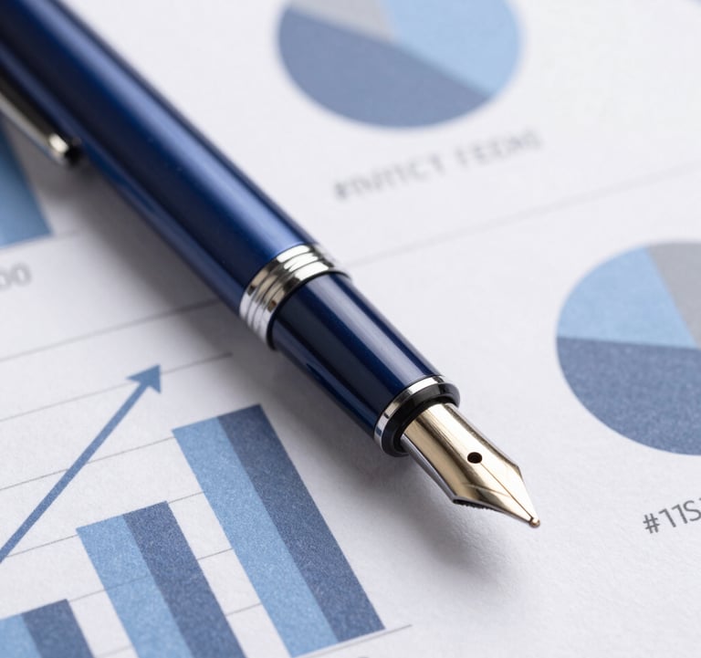 Close-up of a high-end designer pen resting on a strategic report with charts showing positive growth, using a navy (#1A2C3E) and white color scheme.