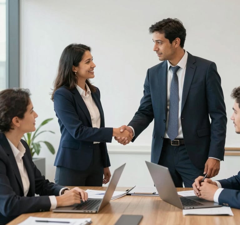 Close-up of two professionals shaking hands in a bright, modern office space, emphasizing partnership and credibility, with soft old-rose and navy tones.