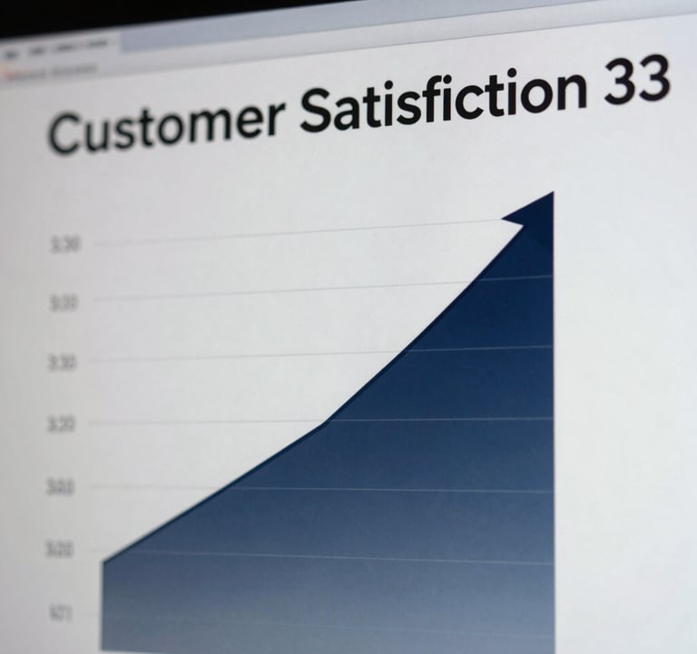 Macro shot of a digital screen showing a 'Customer Satisfaction' metric climbing upwards, color graded with professional navy tones.