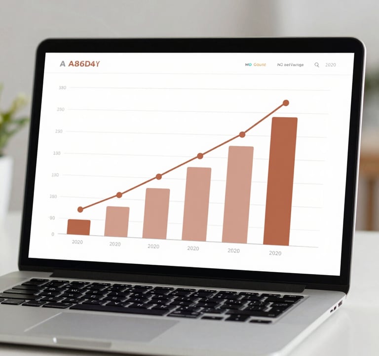 A financial bar chart displayed on a sleek laptop screen, showing significant revenue growth, with aesthetic terracotta (#A86D4E) highlights.
